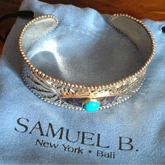 Handcrafted NEW Samuel B silver abalone and sleeping turquoise Evil Eye cuff - Picture 6 of 7